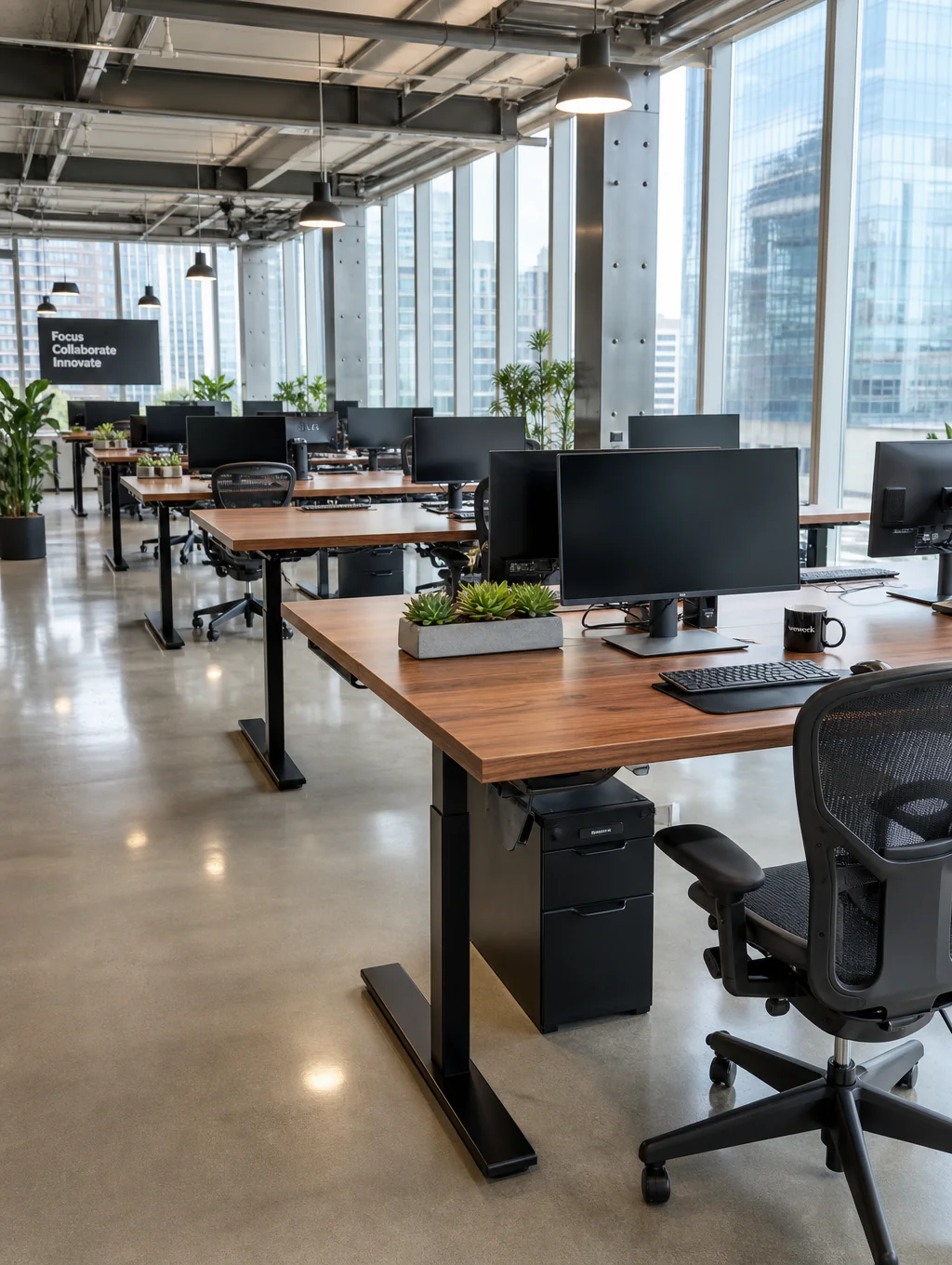 Modern collaborative open office setup with sit-stand desks and acoustic dividers