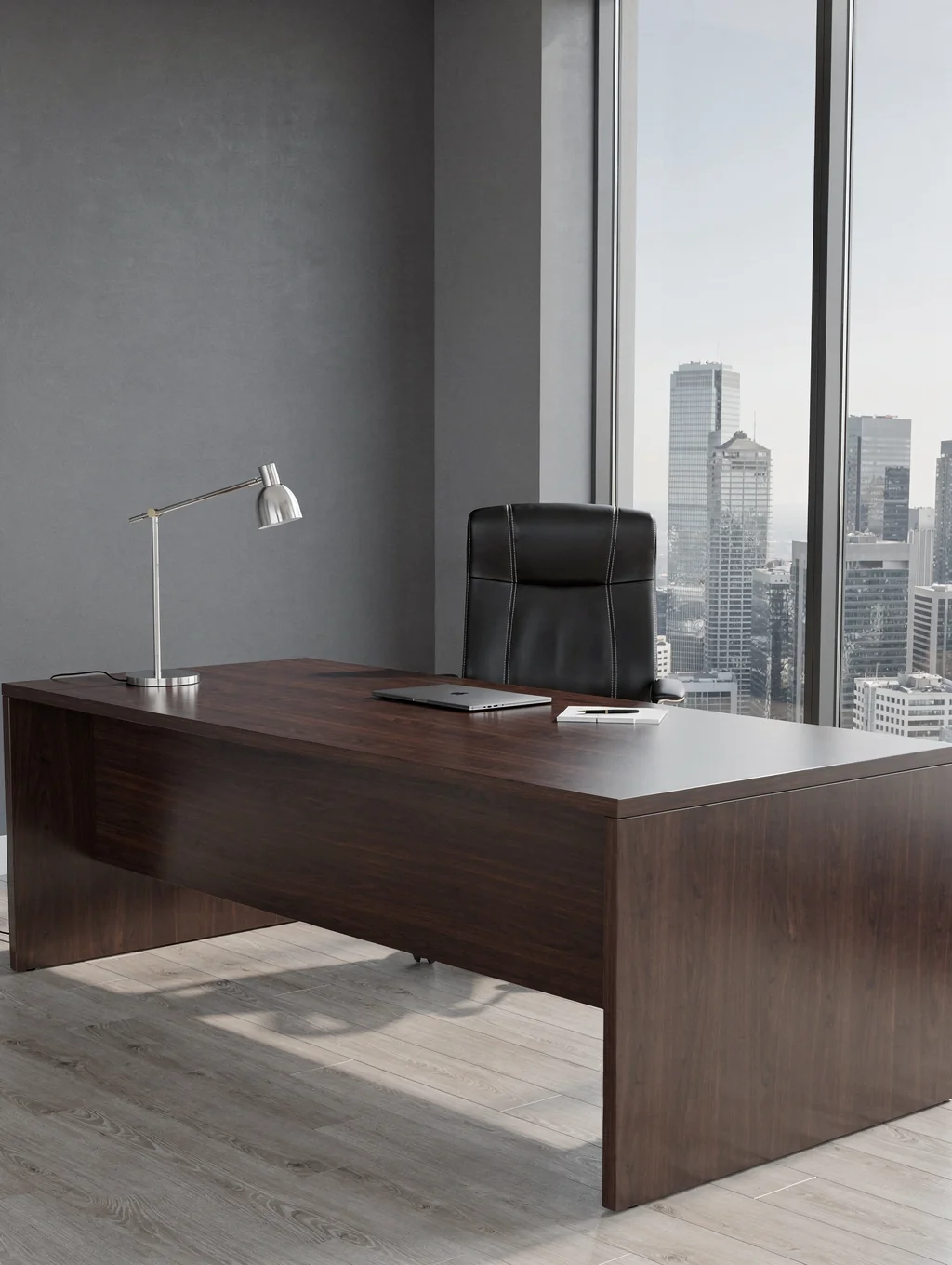 Daylight-filled executive workspace with natural oak desk and ergonomic chair