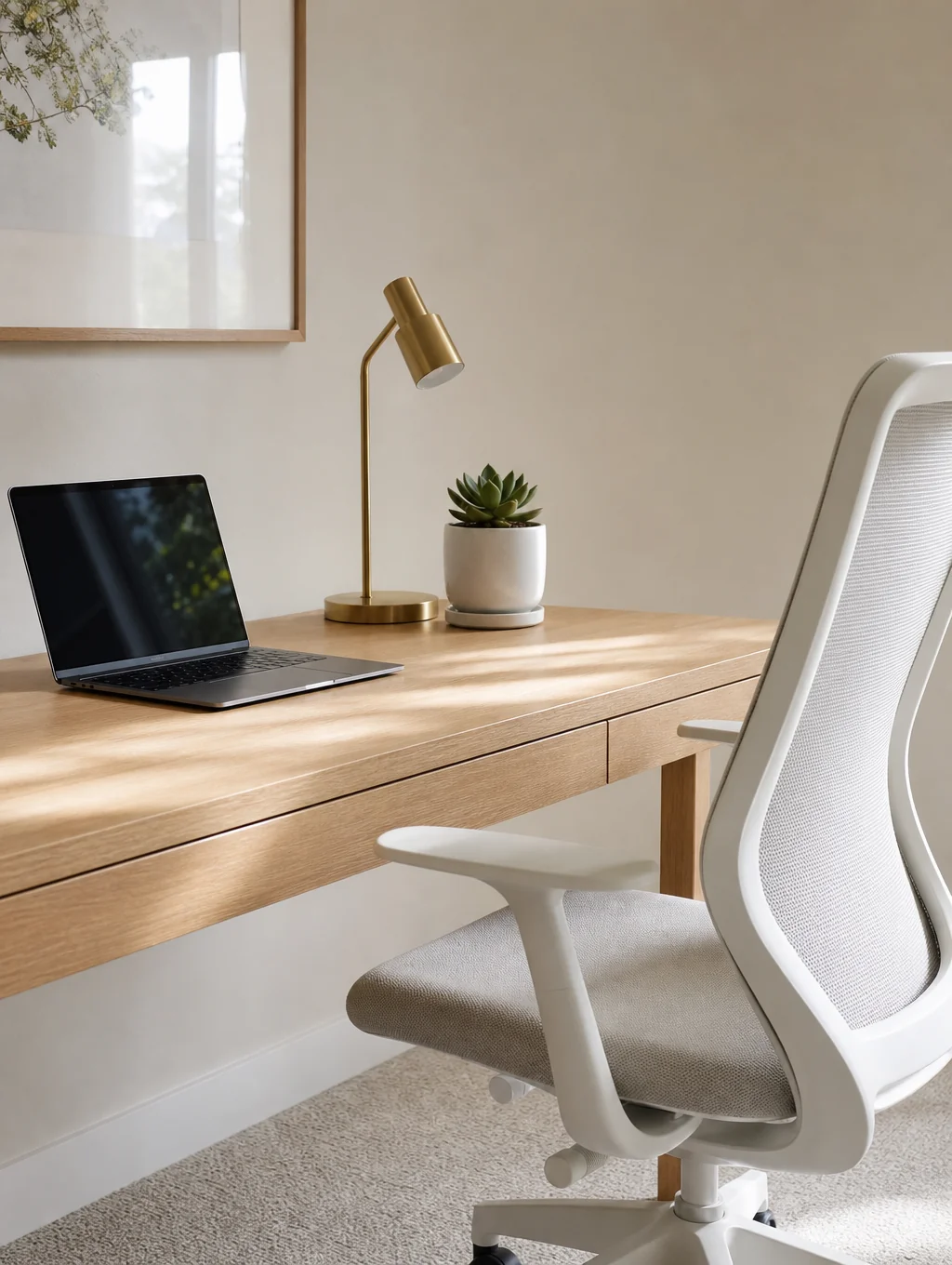 Warm minimalist home office setup with walnut desk and warm task lighting
