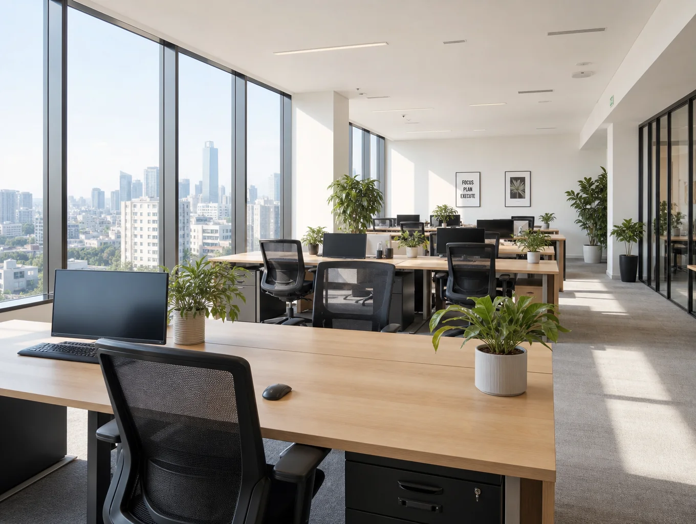 Sunlit architectural office interior with modern wood desks and ergonomic chairs